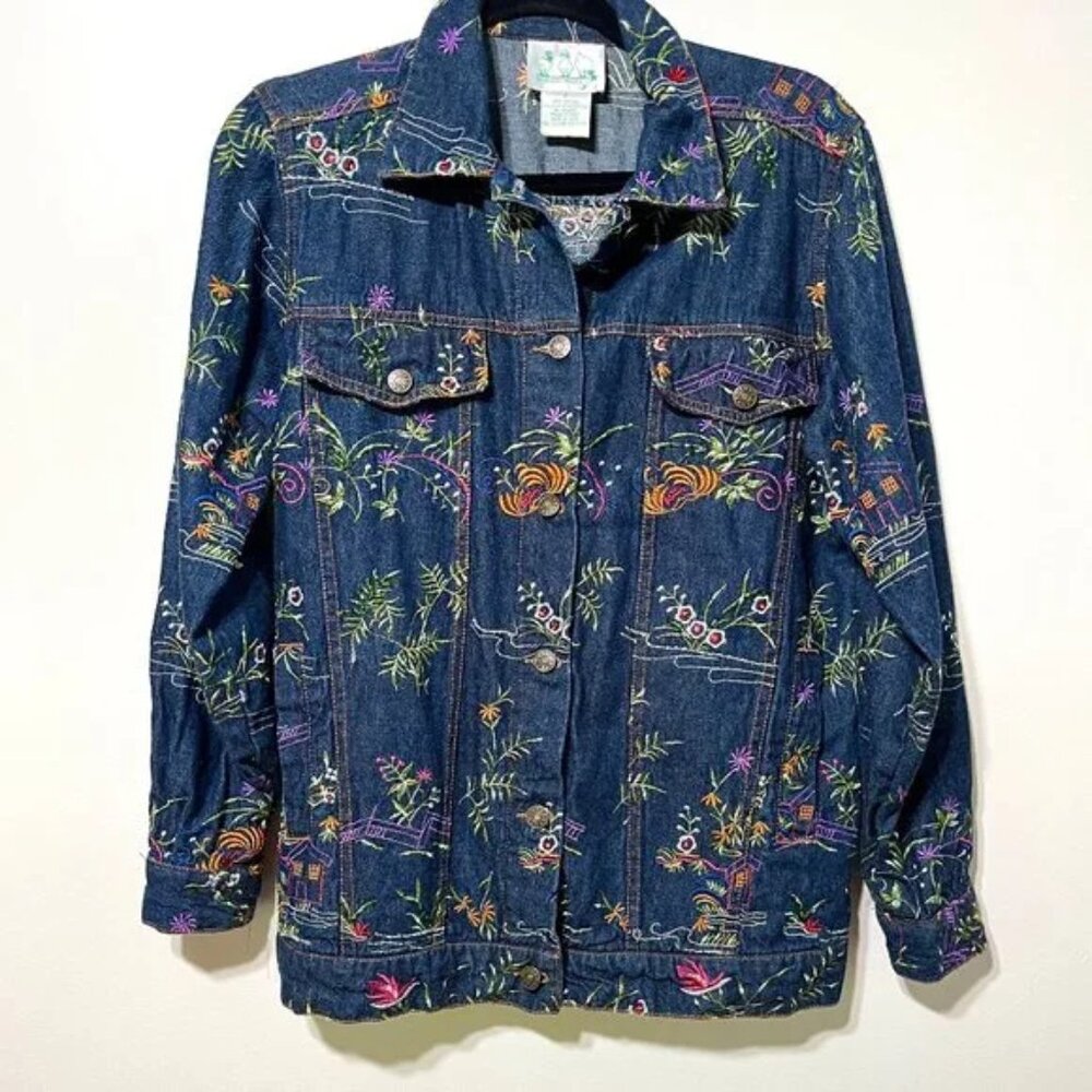QUACKER FACTORY Beaded Denim Jean Jacket Asian Floral Embroidered Sz Small